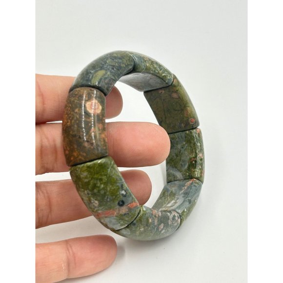 Vintage Green Semiprecious Stone Bracelet Elastic Stretch One Size Chunky Bangle - Picture 6 of 8